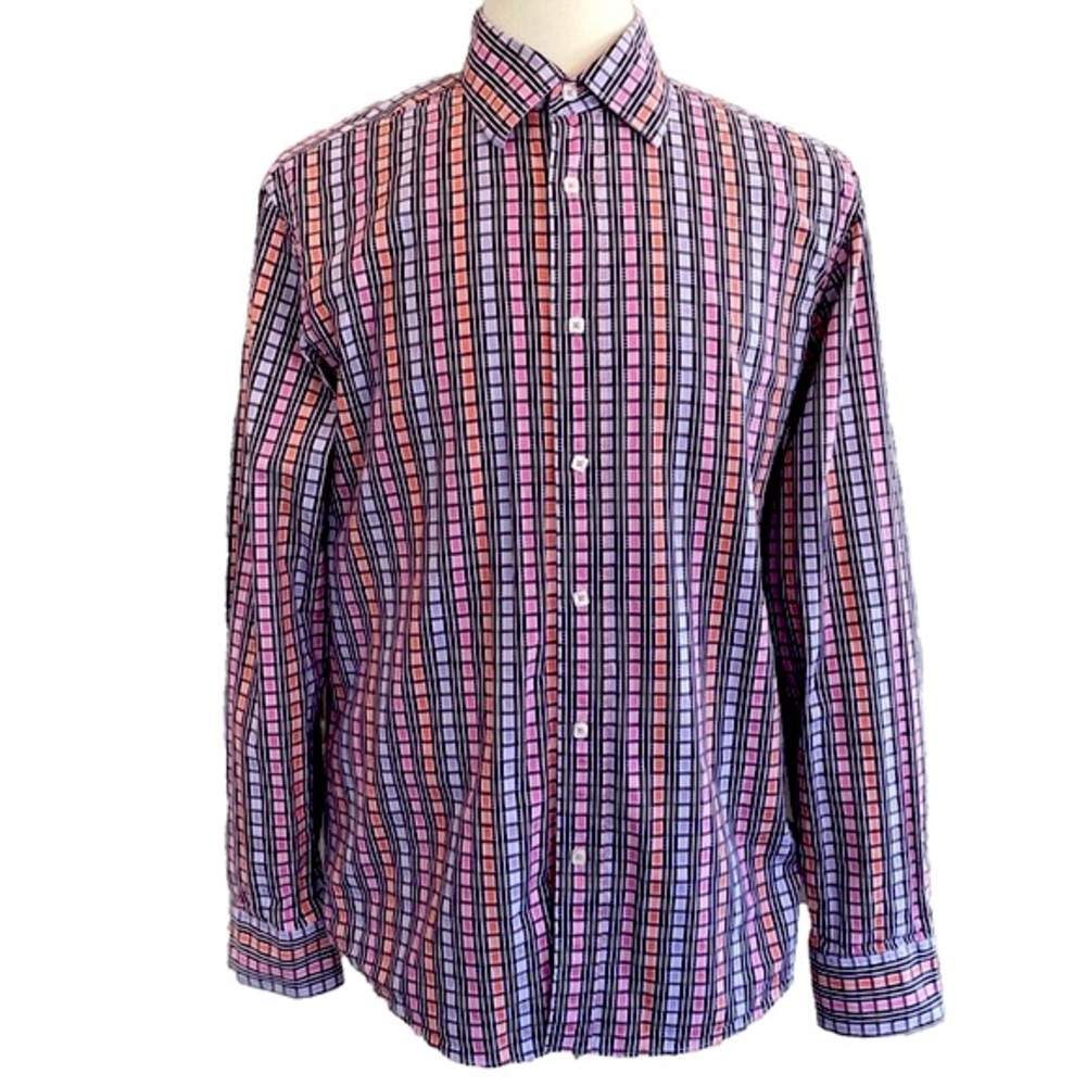 Bugatchi shaped fit multicolour window pane plaid button up shirt. Men's size L